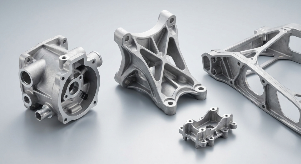 Aerospace low pressure die casting aluminum structural parts including frames brackets and fuel system components