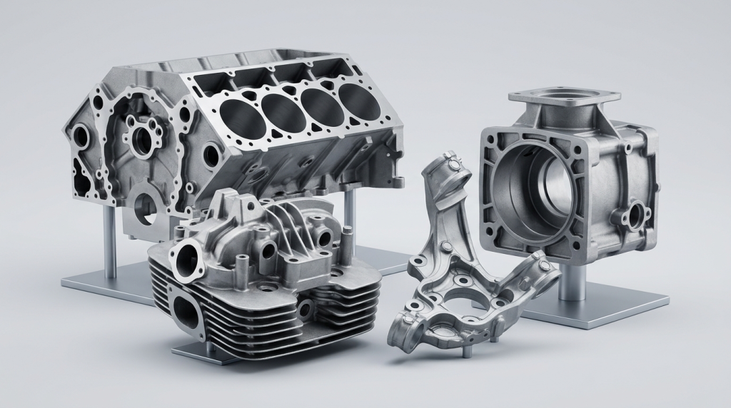 Automotive low pressure die casting aluminum components including cylinder heads steering knuckles and engine block parts
