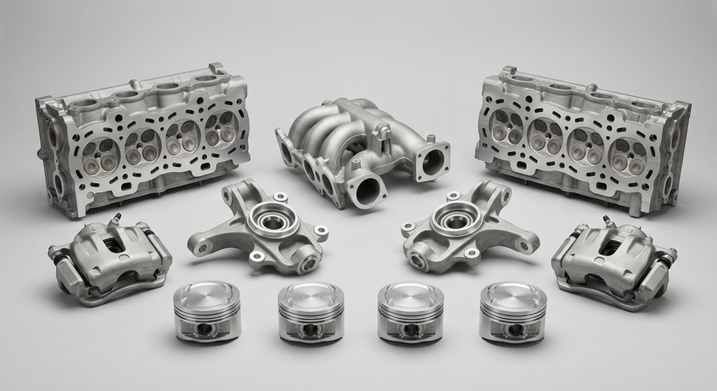Gravity die cast automotive components including cylinder heads intake manifolds brake calipers steering knuckles and pistons