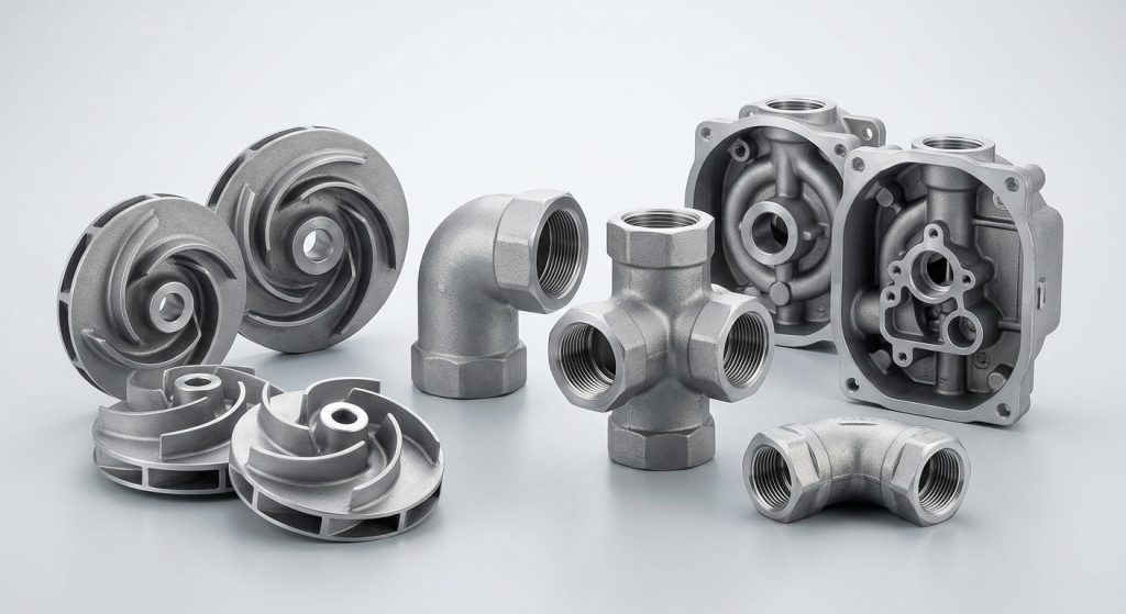 Gravity die cast fluid handling components including water pump impellers heavy-duty pipe fittings and gas meter housings