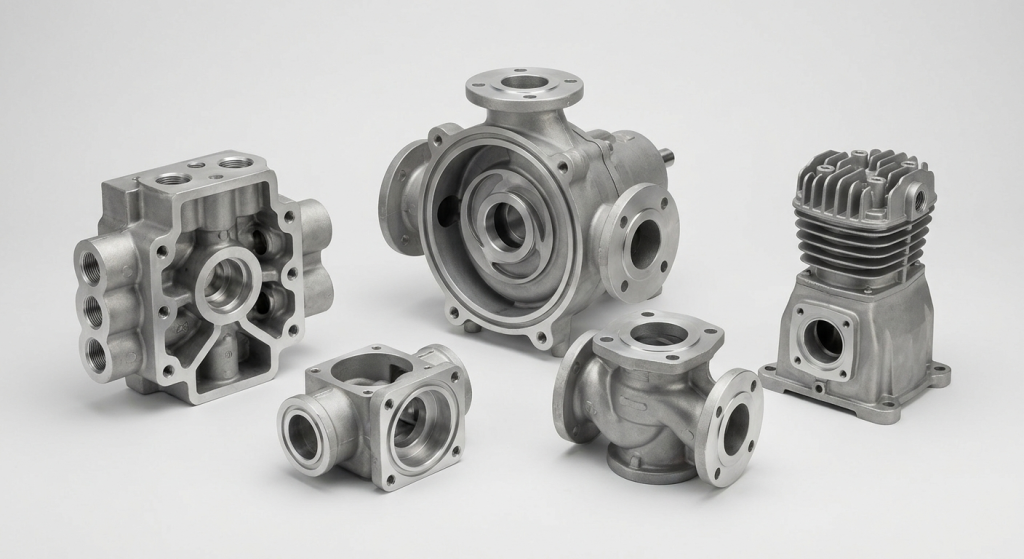 Gravity die cast industrial equipment components including valve bodies pump housings compressor parts and hydraulic manifolds