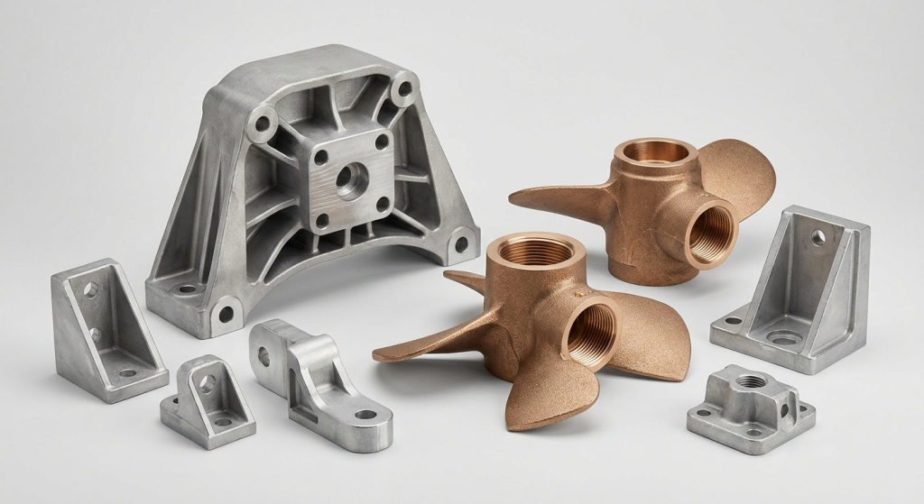 Gravity die cast marine and defense components including propeller parts engine mounts and structural hardware