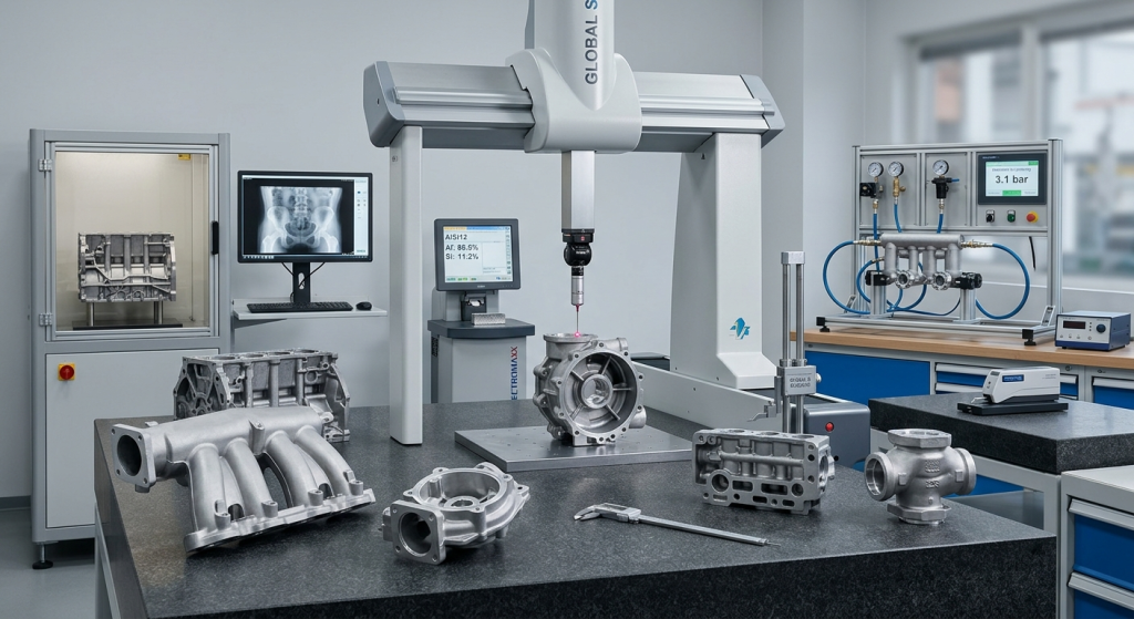 Gravity die casting quality assurance and testing with cast components inspected by CMM X-ray leak testing and material analysis methods
