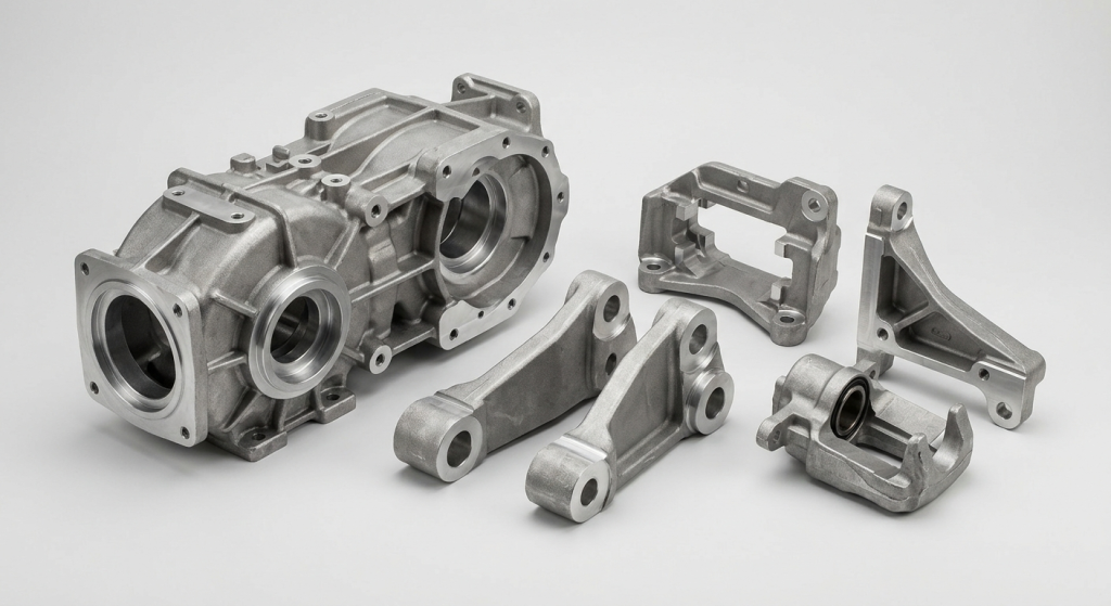 Gravity die cast railway and transport components including gearbox housings suspension brackets and braking system parts