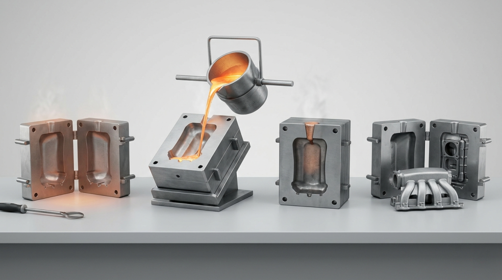 How gravity die casting works with molten metal poured into a permanent steel mold under gravity