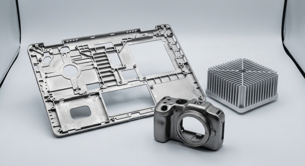 Consumer electronics die cast parts including frames and heat sinks
