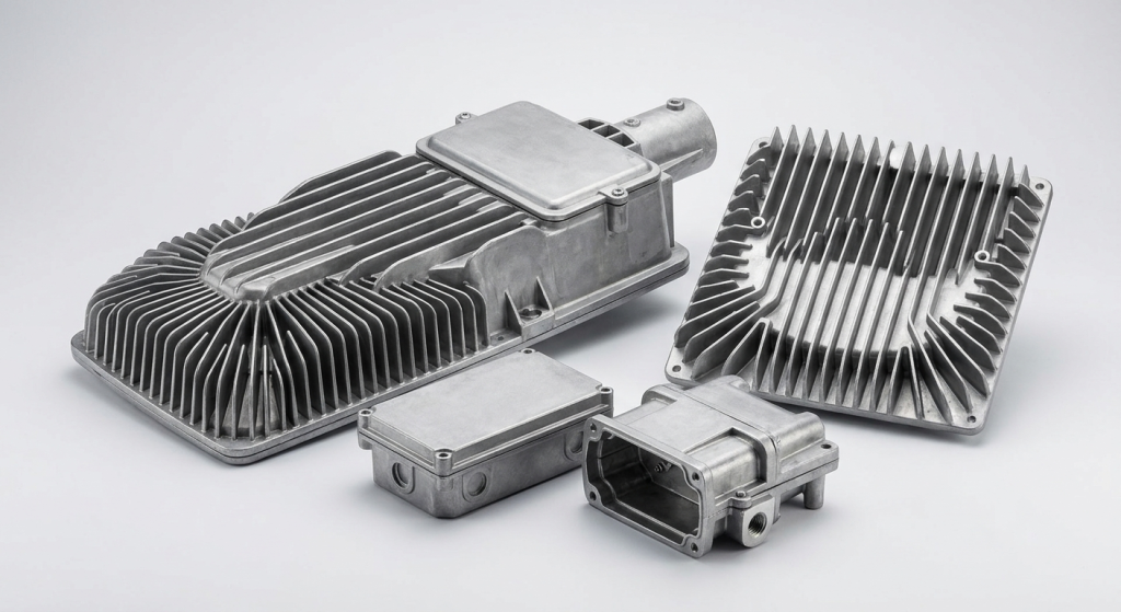 Industrial lighting die cast housings and heat sink components