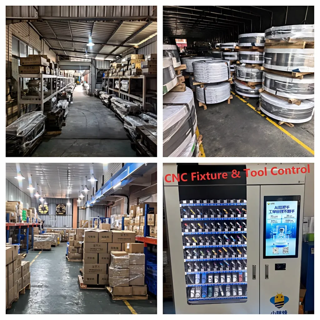 Organized warehouse and material storage area supporting long-term metal component manufacturing