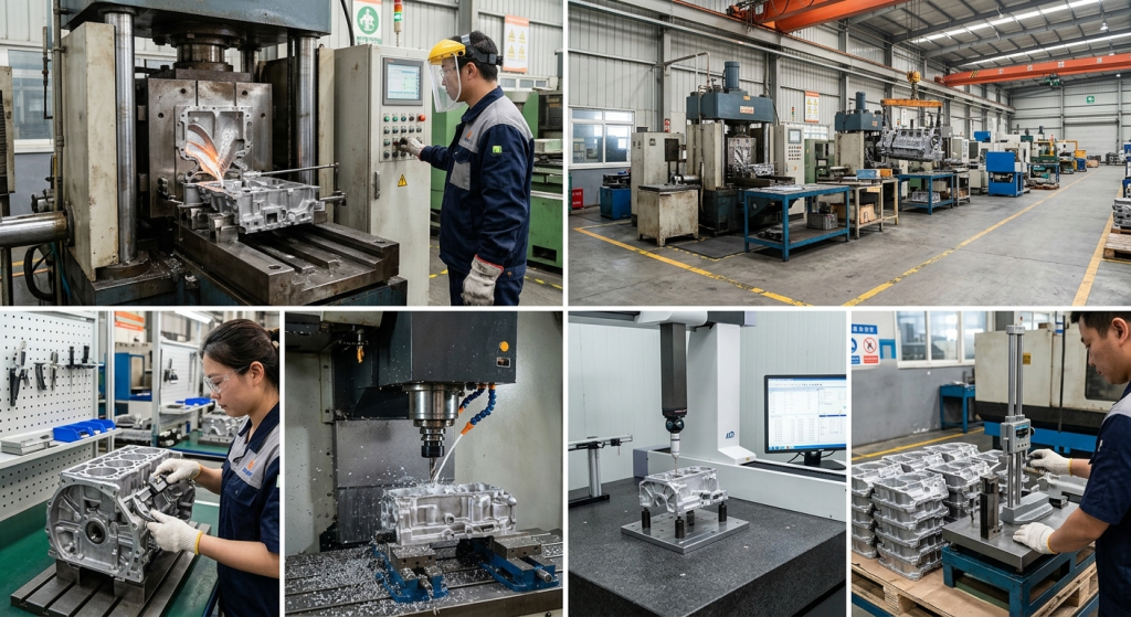 Quality assurance and testing in a low pressure die casting factory showing workshop equipment inspection and measurement operations