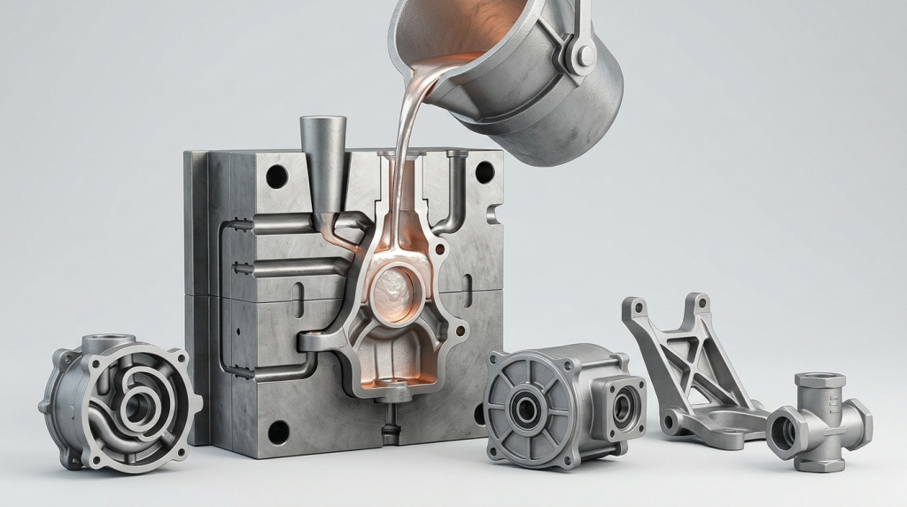 Gravity die casting process showing molten metal poured into a permanent mold with finished aluminum cast components displayed beside it