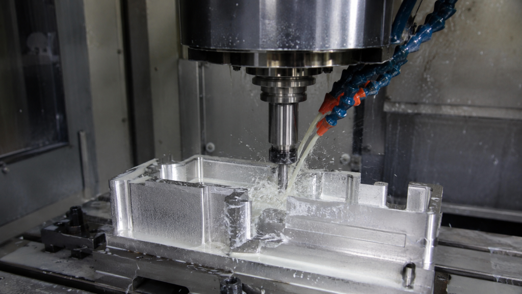 CNC milling aluminum part with coolant during precision machining process