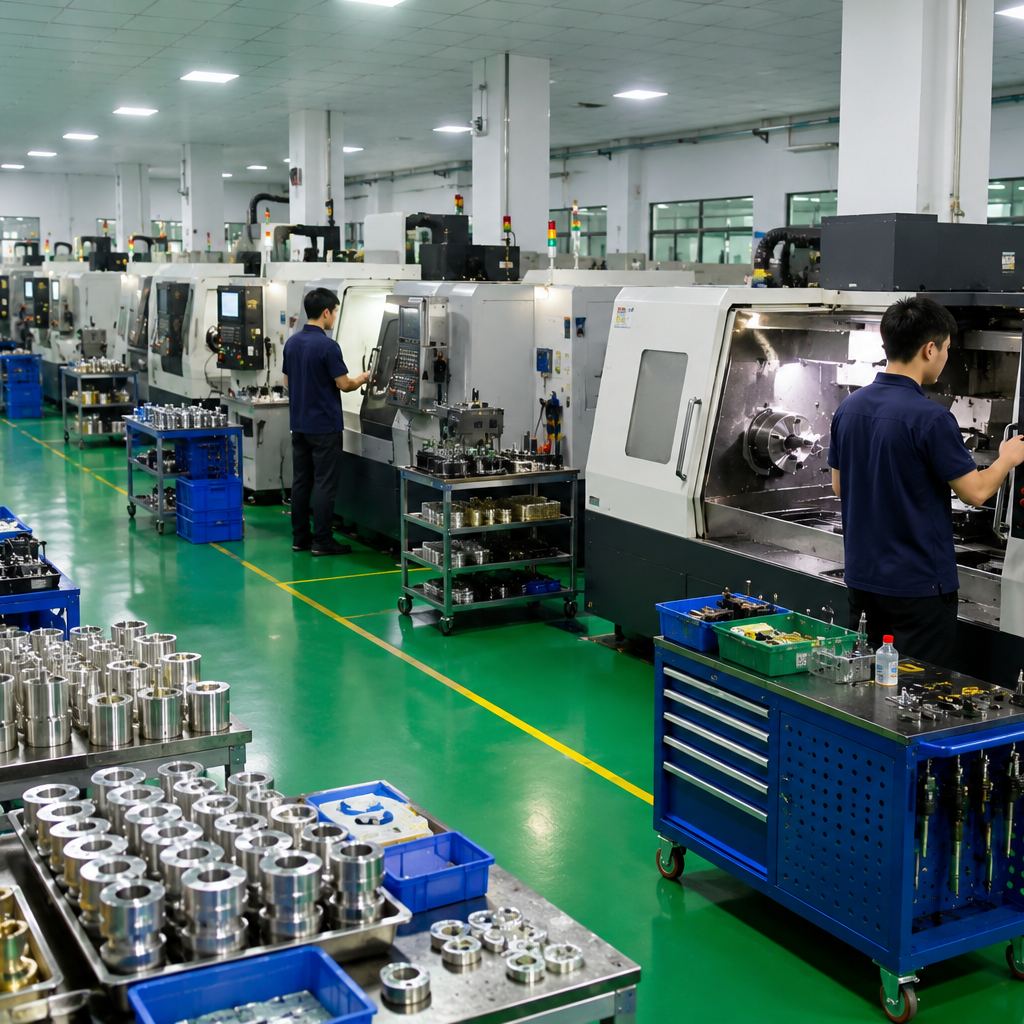 Operators working at CNC turning centers with organized machined metal parts in Dongguan Yongyuan Hardware Technology factory.