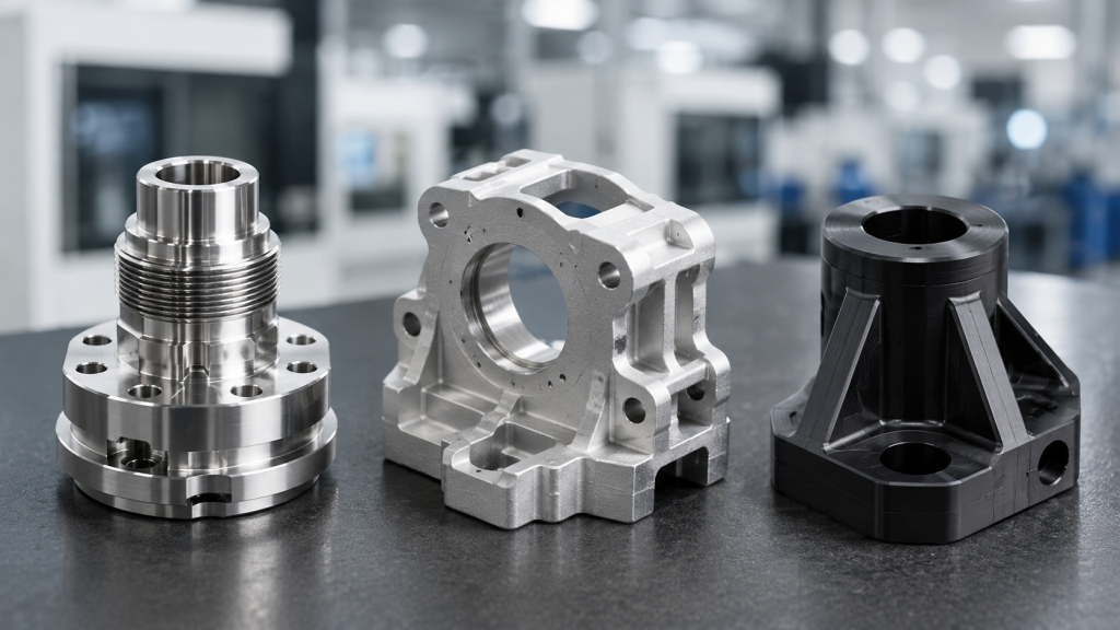 Comparison of custom CNC machined components: precision turned stainless steel, secondary machined die-cast aluminum, and black engineering plastic.